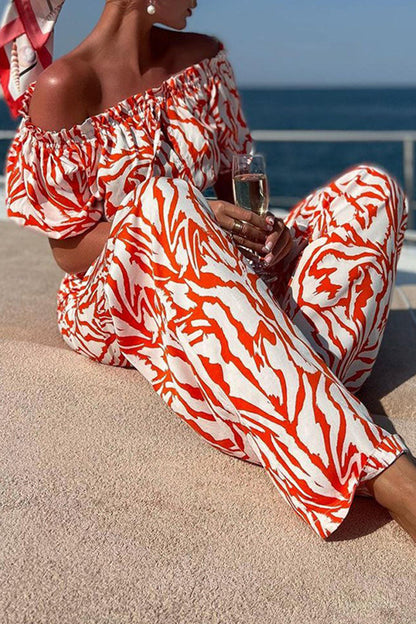 Geometric Print Off the Shoulder Short Sleeve Two Pieces