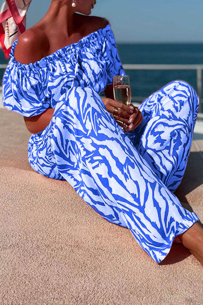 Geometric Print Off the Shoulder Short Sleeve Two Pieces