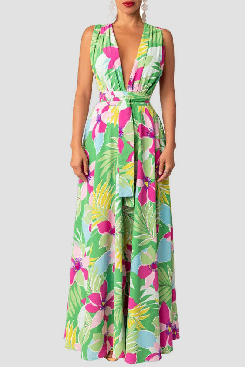 Print Patchwork Slit V Neck Long Dress Dresses
