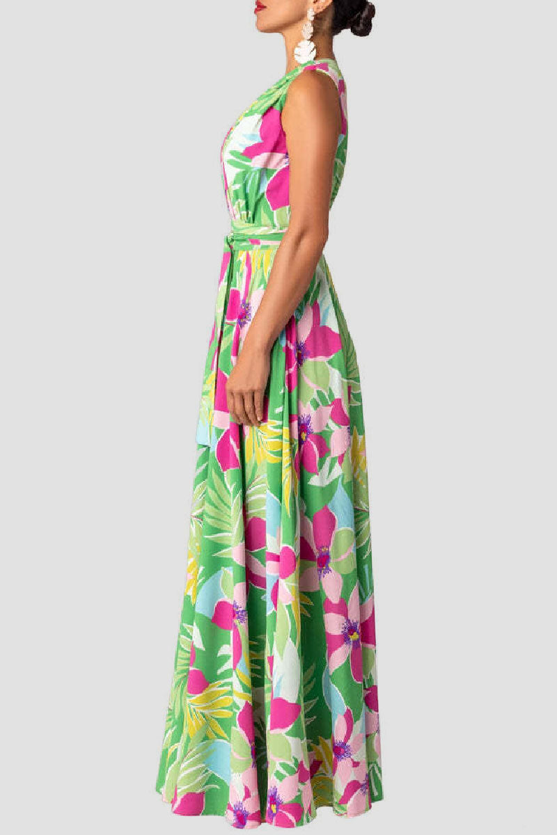 Print Patchwork Slit V Neck Long Dress Dresses