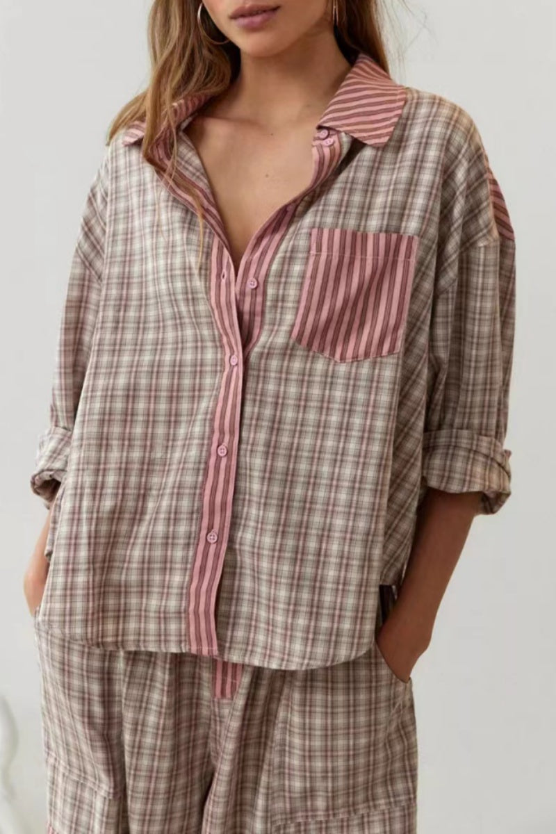 Living Patchwork Basic Turndown Collar Long Sleeve Two Pieces
