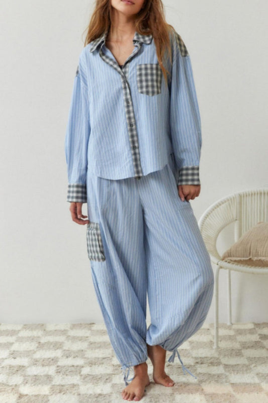 Living Patchwork Basic Turndown Collar Long Sleeve Two Pieces