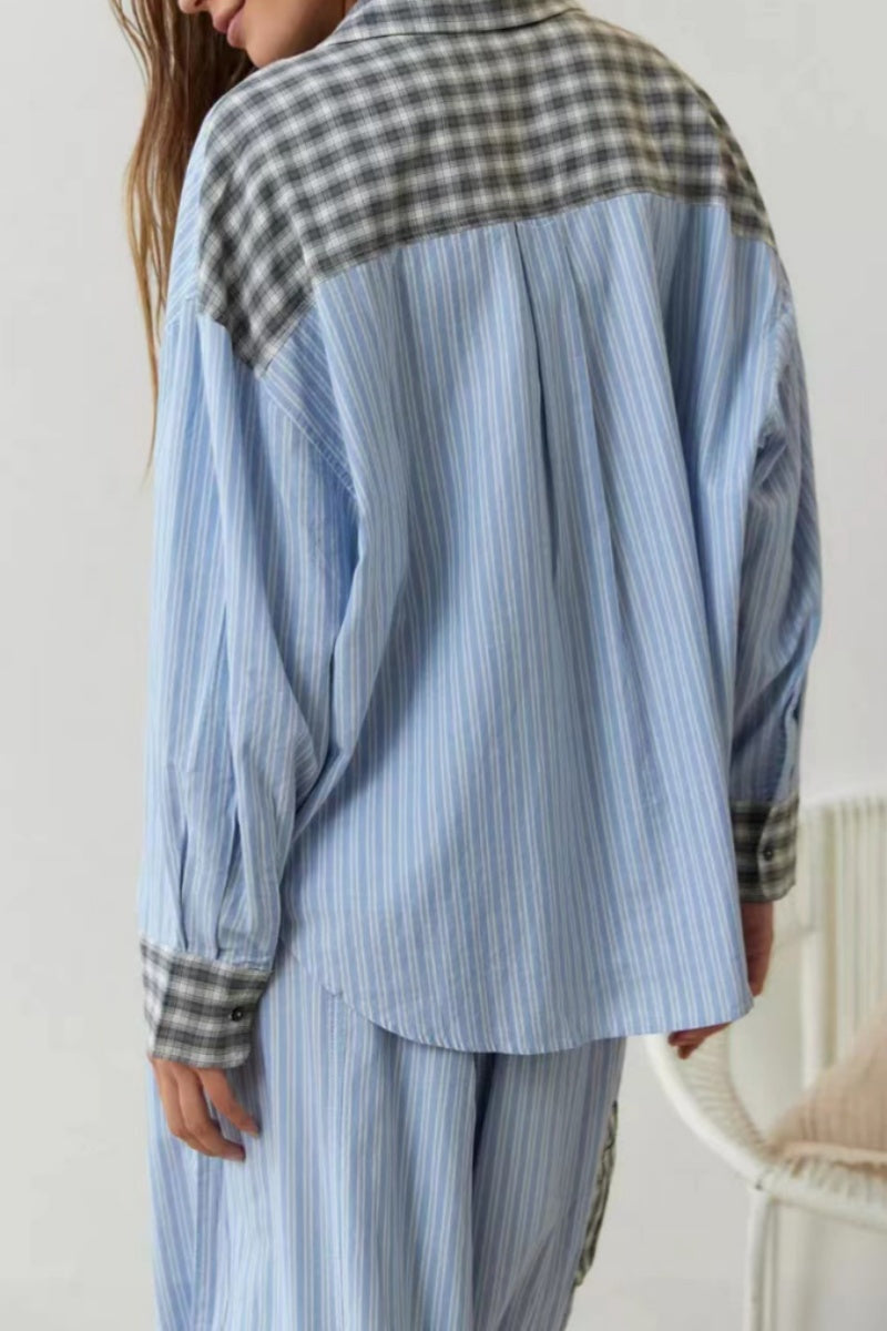 Living Patchwork Basic Turndown Collar Long Sleeve Two Pieces