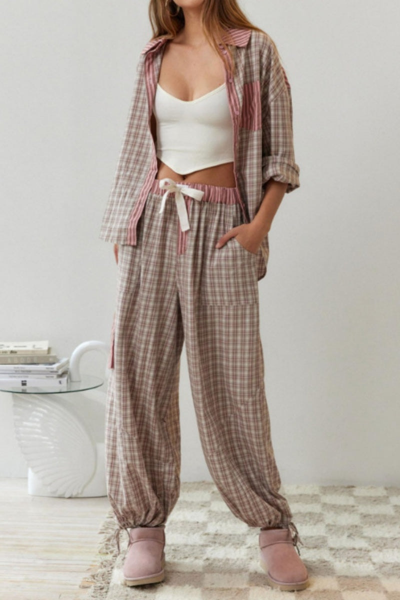 Living Patchwork Basic Turndown Collar Long Sleeve Two Pieces