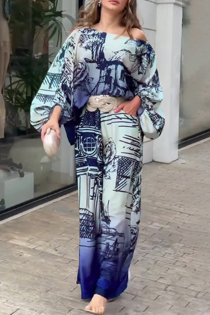 Street Print Pocket Oblique Collar Long Sleeve Two Pieces