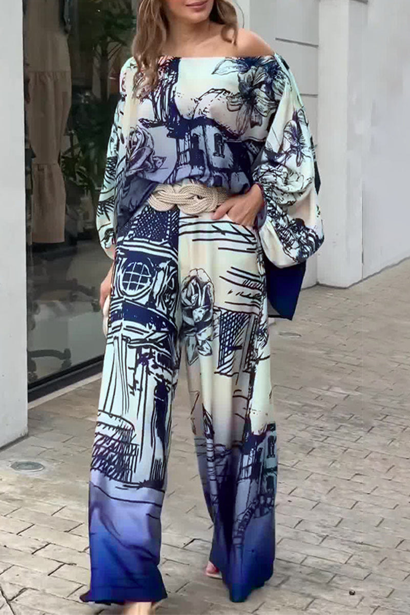 Street Print Pocket Oblique Collar Long Sleeve Two Pieces