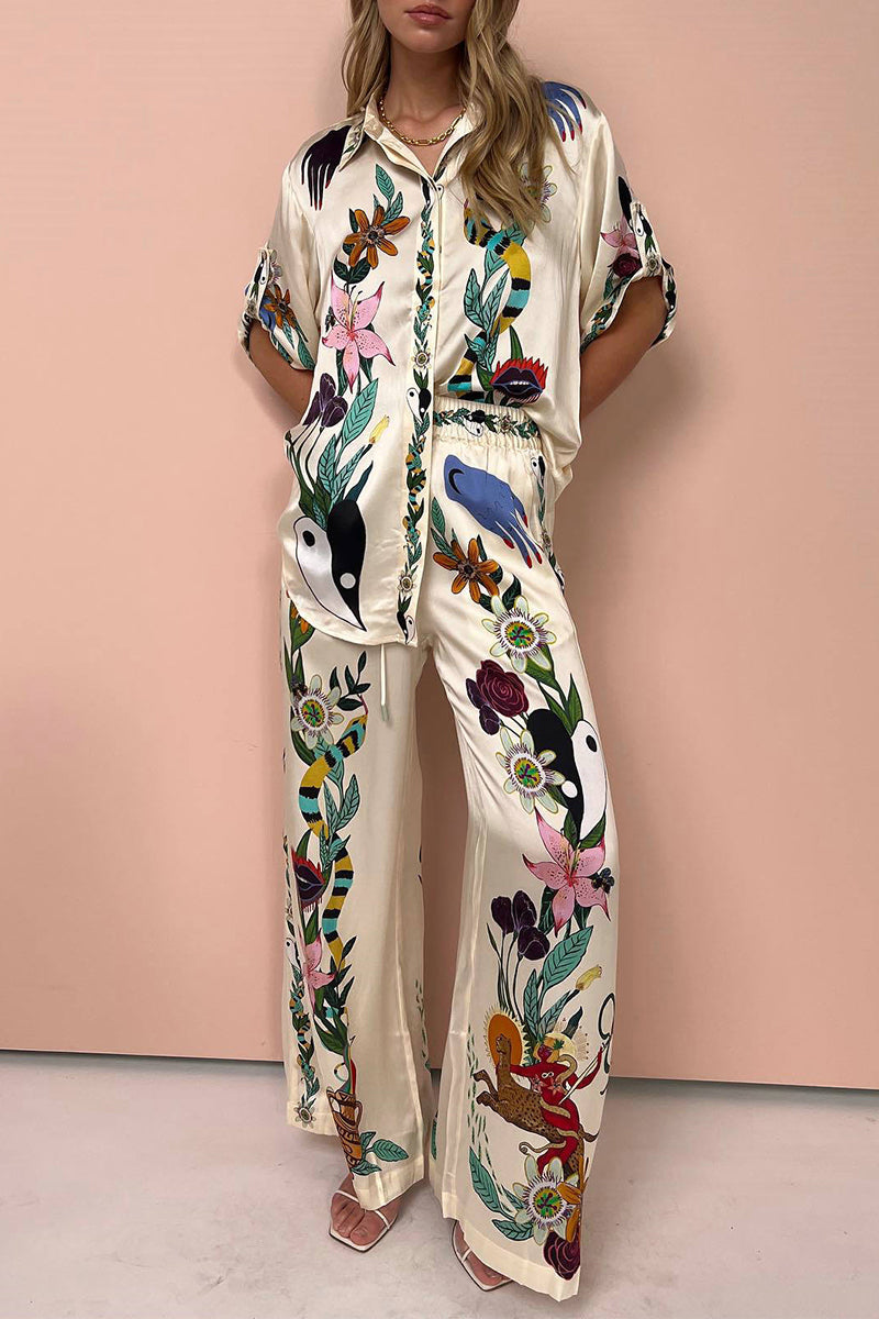 Print Turndown Collar Short Sleeve Two Pieces