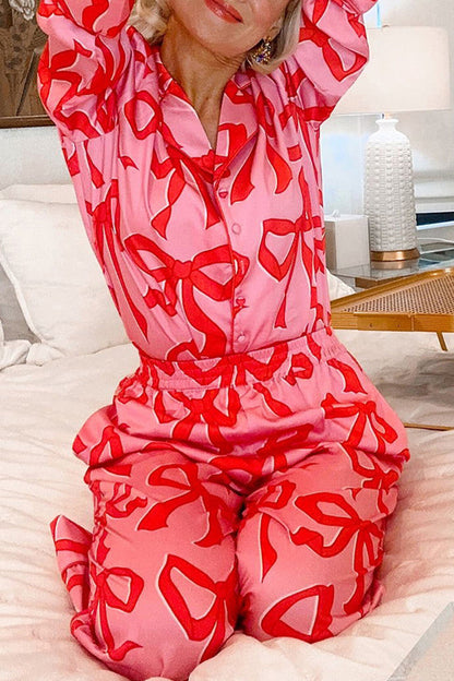 Living Geometric Print Pocket Turndown Collar Long Sleeve Two Pieces