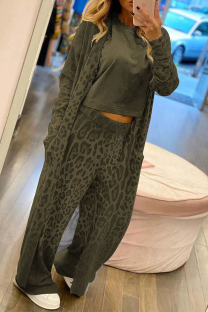 Print Leopard Pocket Cardigan Collar Long Sleeve Two Pieces