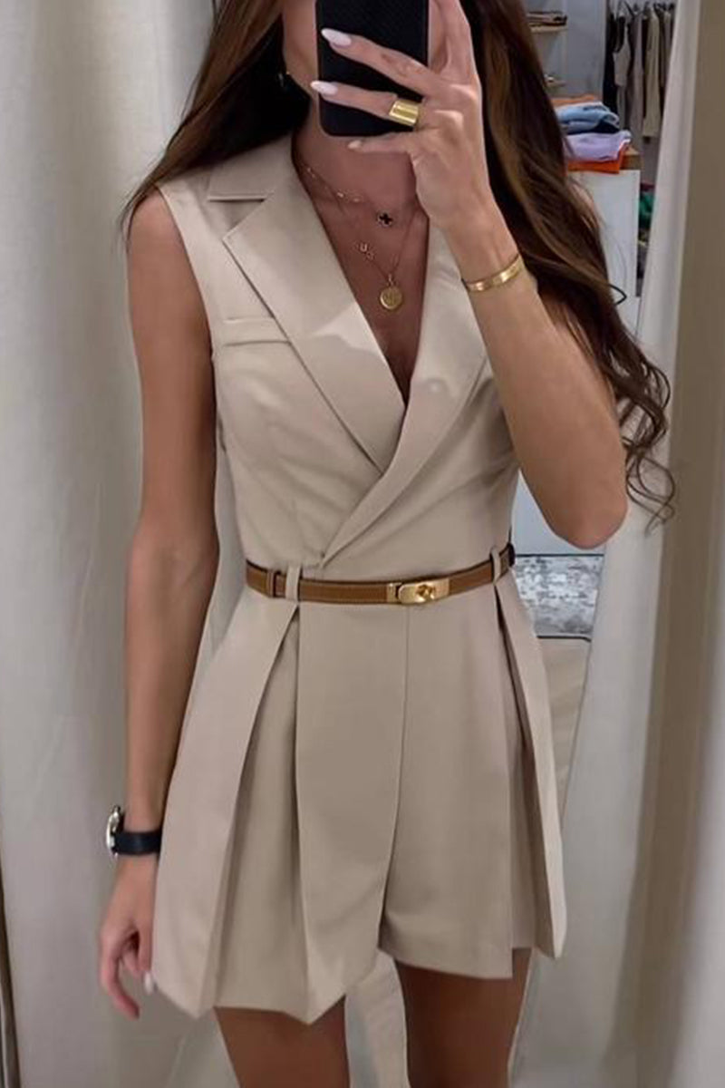 Work British Style Without Belt V Neck Regular Rompers(no Belt)