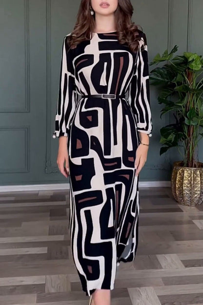 Geometric Print Slit With Belt O Neck One Step Skirt Dresses