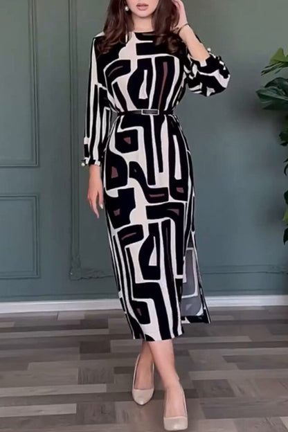 Geometric Print Slit With Belt O Neck One Step Skirt Dresses