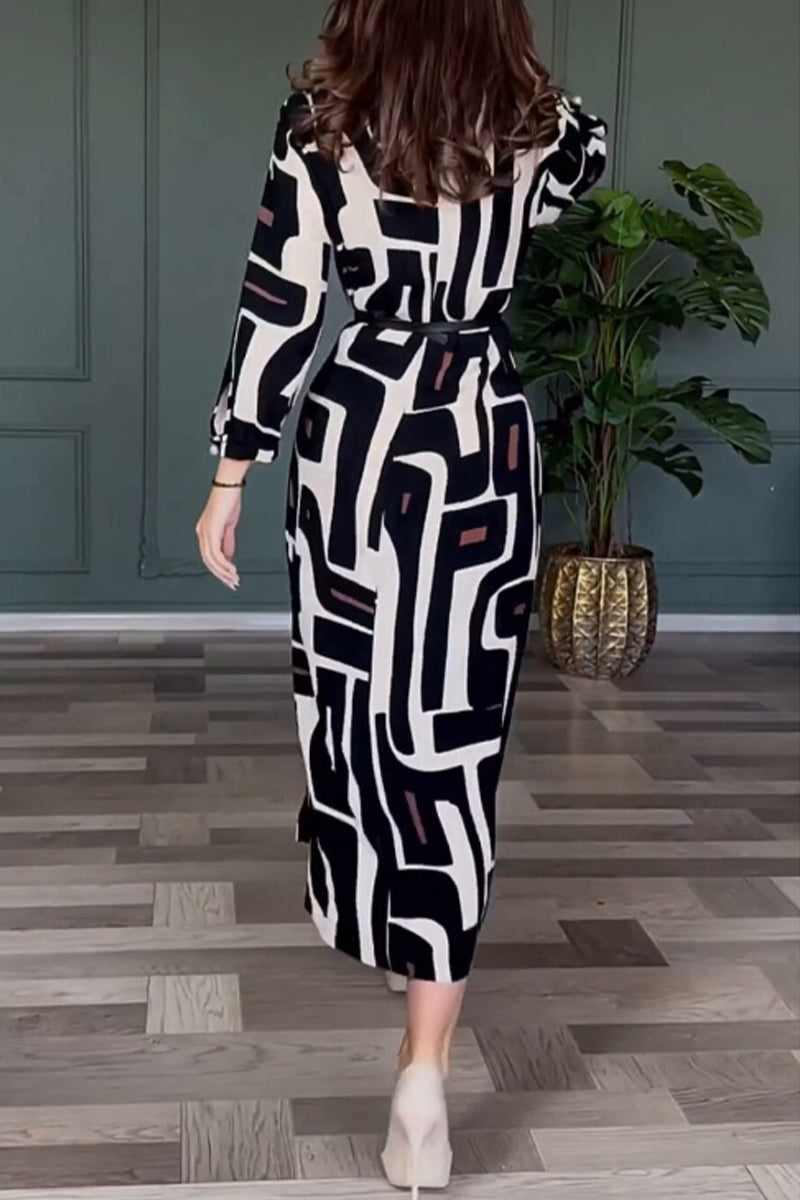 Geometric Print Slit With Belt O Neck One Step Skirt Dresses