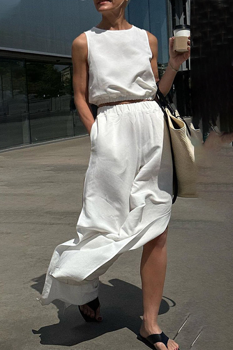 Simplicity Pocket Slit O Neck Sleeveless Two Pieces
