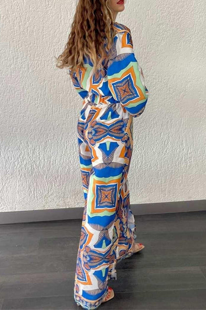 Geometric Print Pocket Slit V Neck Long Sleeve Two Pieces