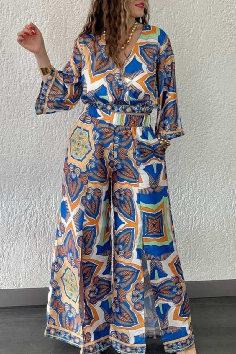 Geometric Print Pocket Slit V Neck Long Sleeve Two Pieces