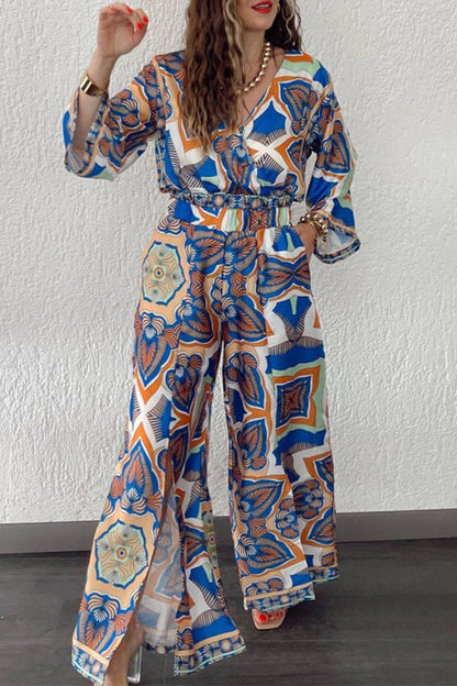 Geometric Print Pocket Slit V Neck Long Sleeve Two Pieces