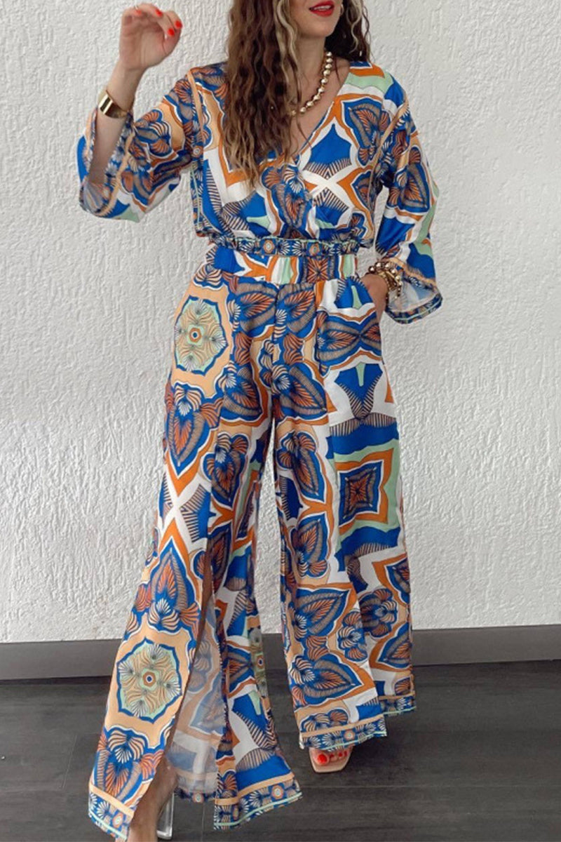 Geometric Print Pocket Slit V Neck Long Sleeve Two Pieces