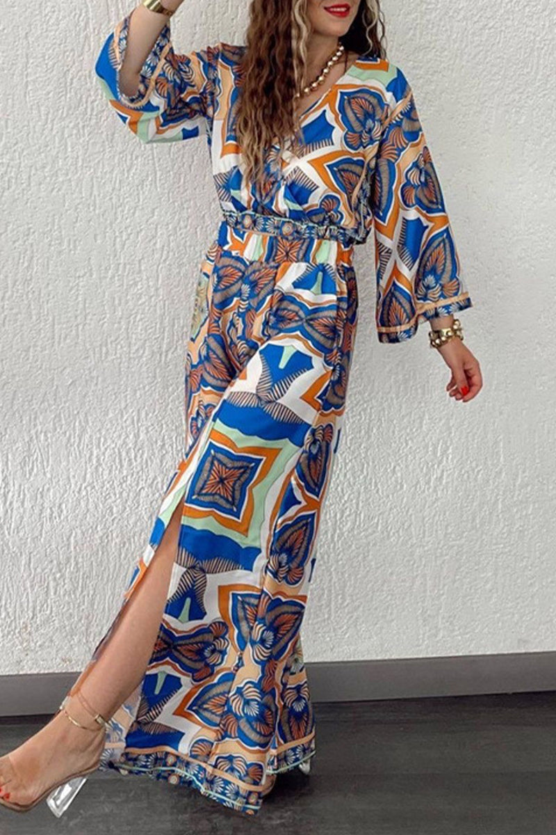 Geometric Print Pocket Slit V Neck Long Sleeve Two Pieces