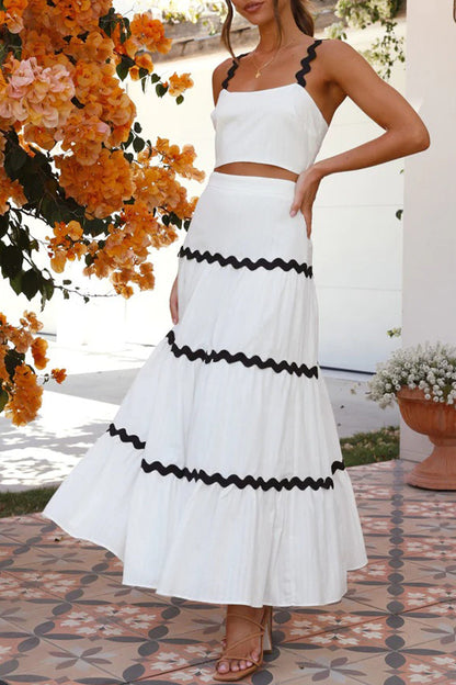 Sweet Ripple Contrast Square Collar Sleeveless Two Pieces