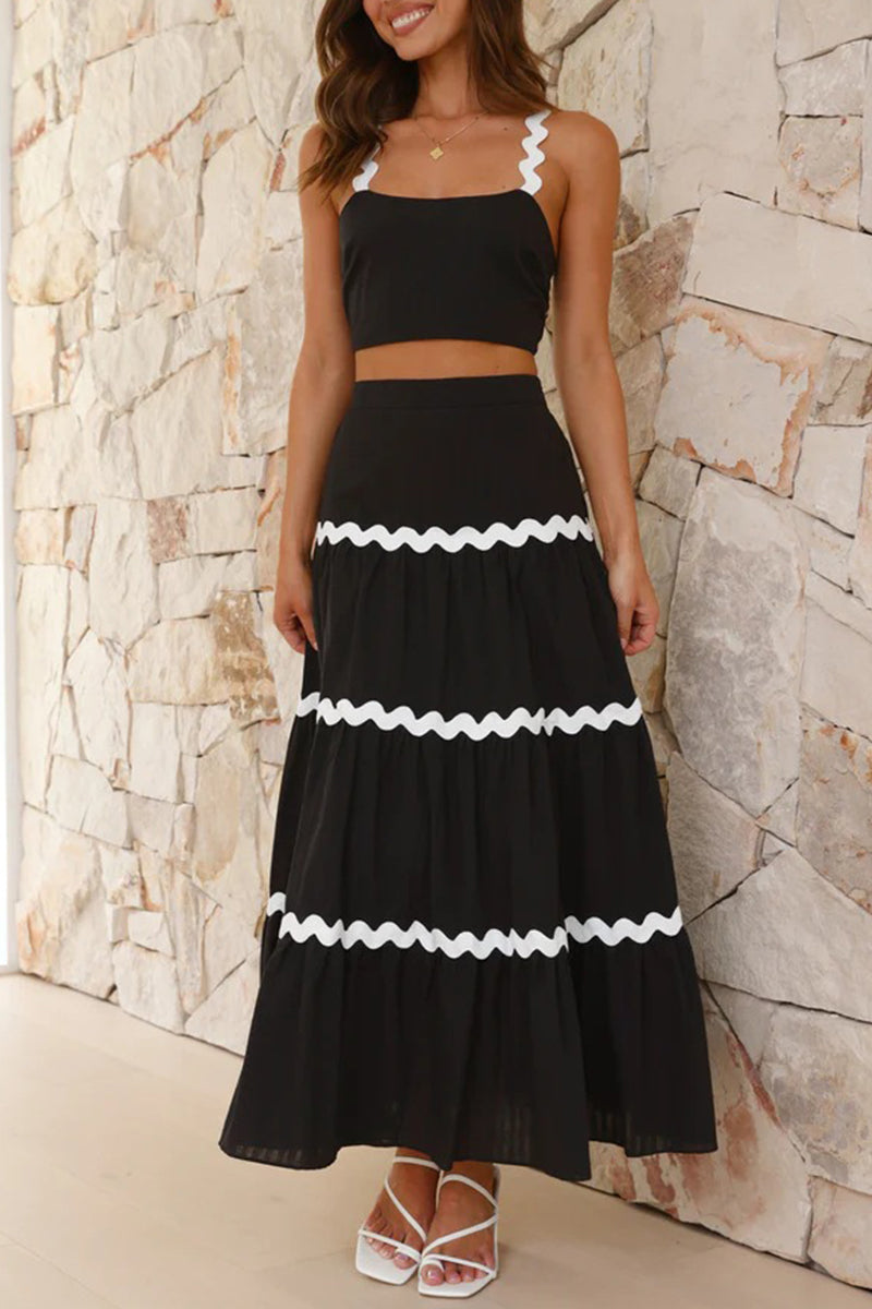 Sweet Ripple Contrast Square Collar Sleeveless Two Pieces