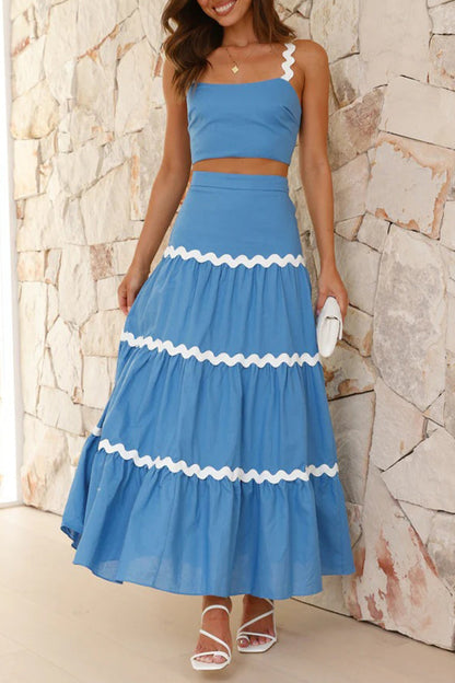 Sweet Ripple Contrast Square Collar Sleeveless Two Pieces