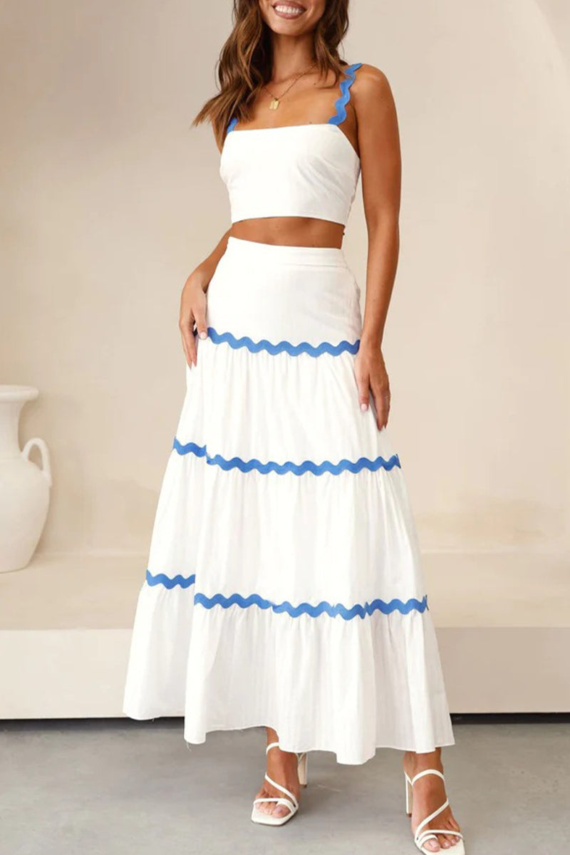Sweet Ripple Contrast Square Collar Sleeveless Two Pieces