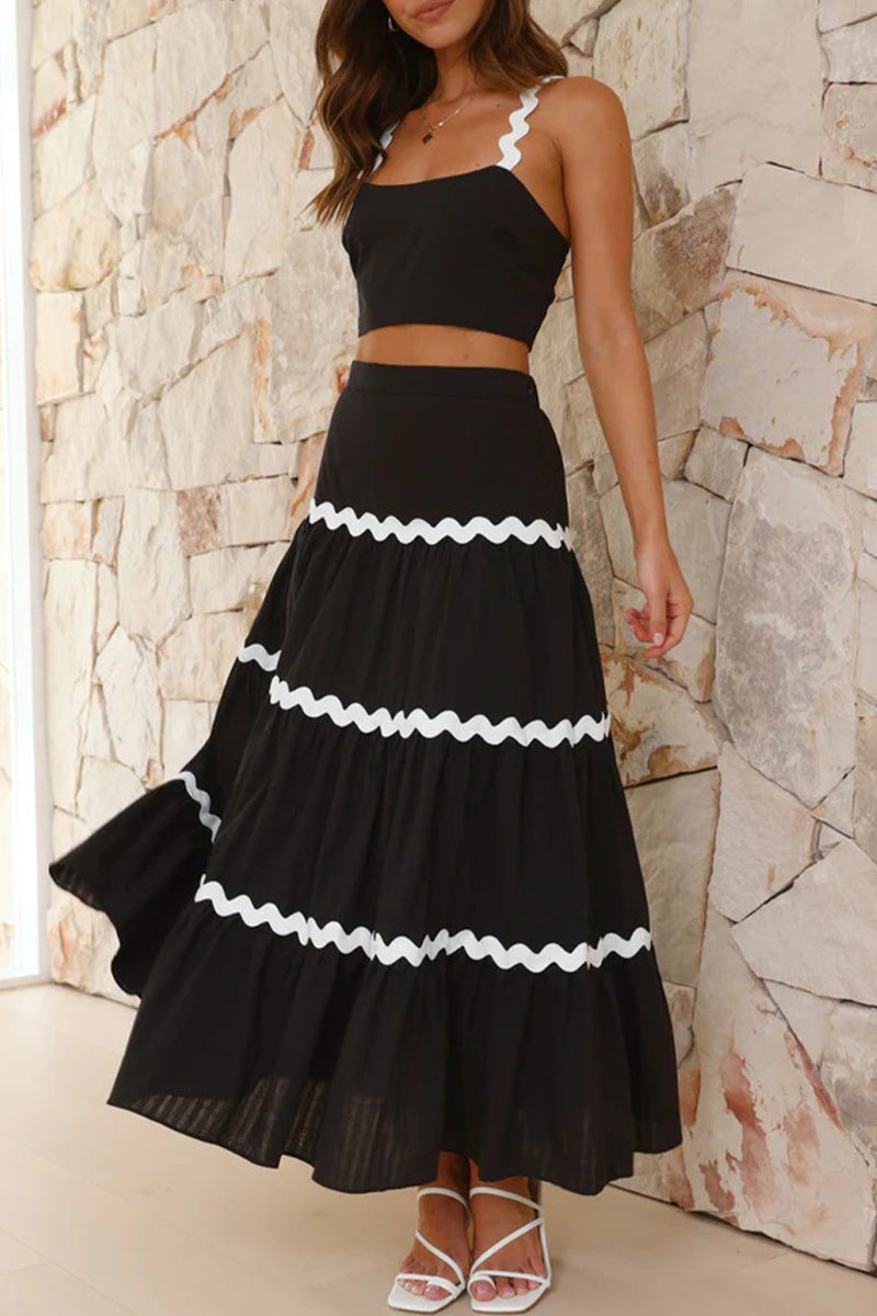 Sweet Ripple Contrast Square Collar Sleeveless Two Pieces