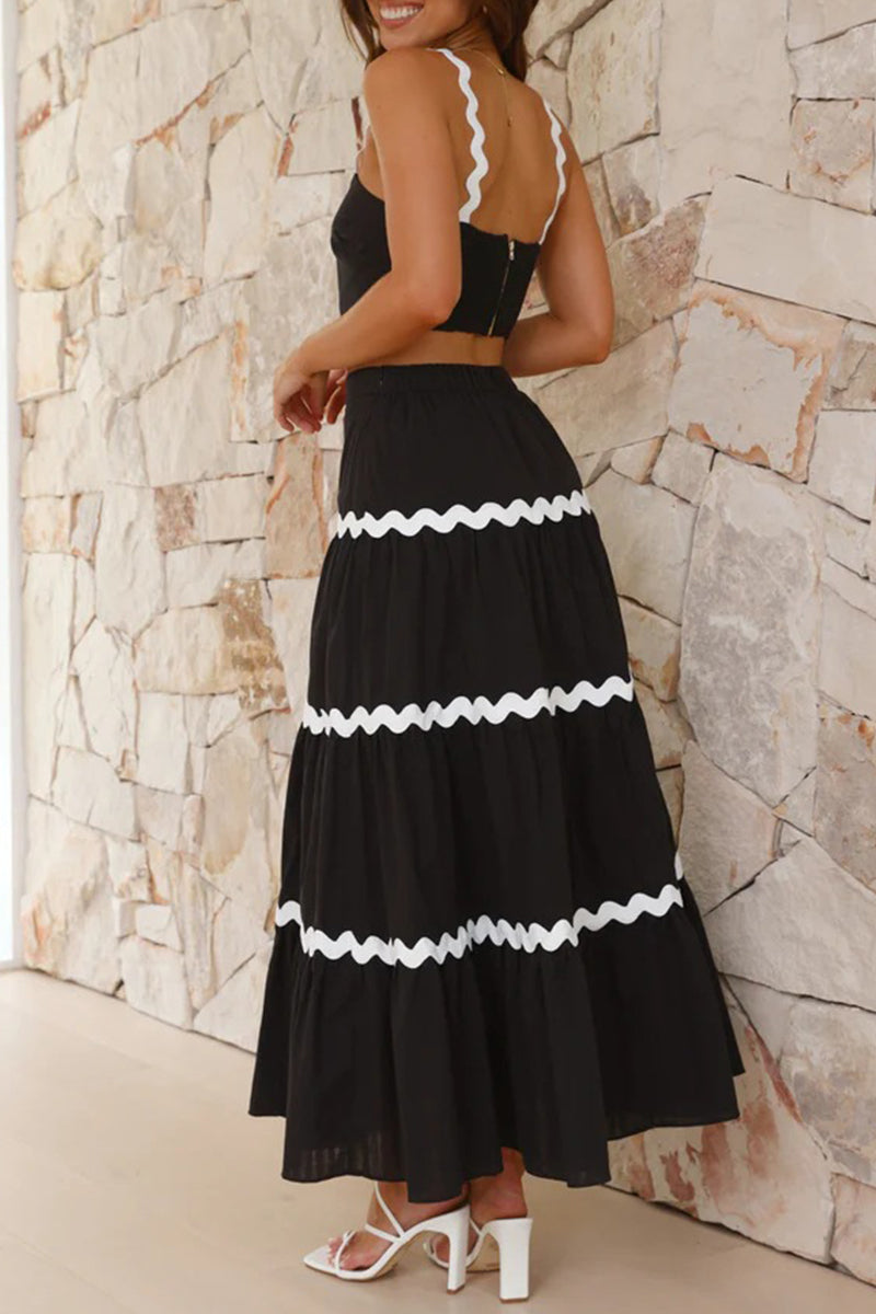Sweet Ripple Contrast Square Collar Sleeveless Two Pieces