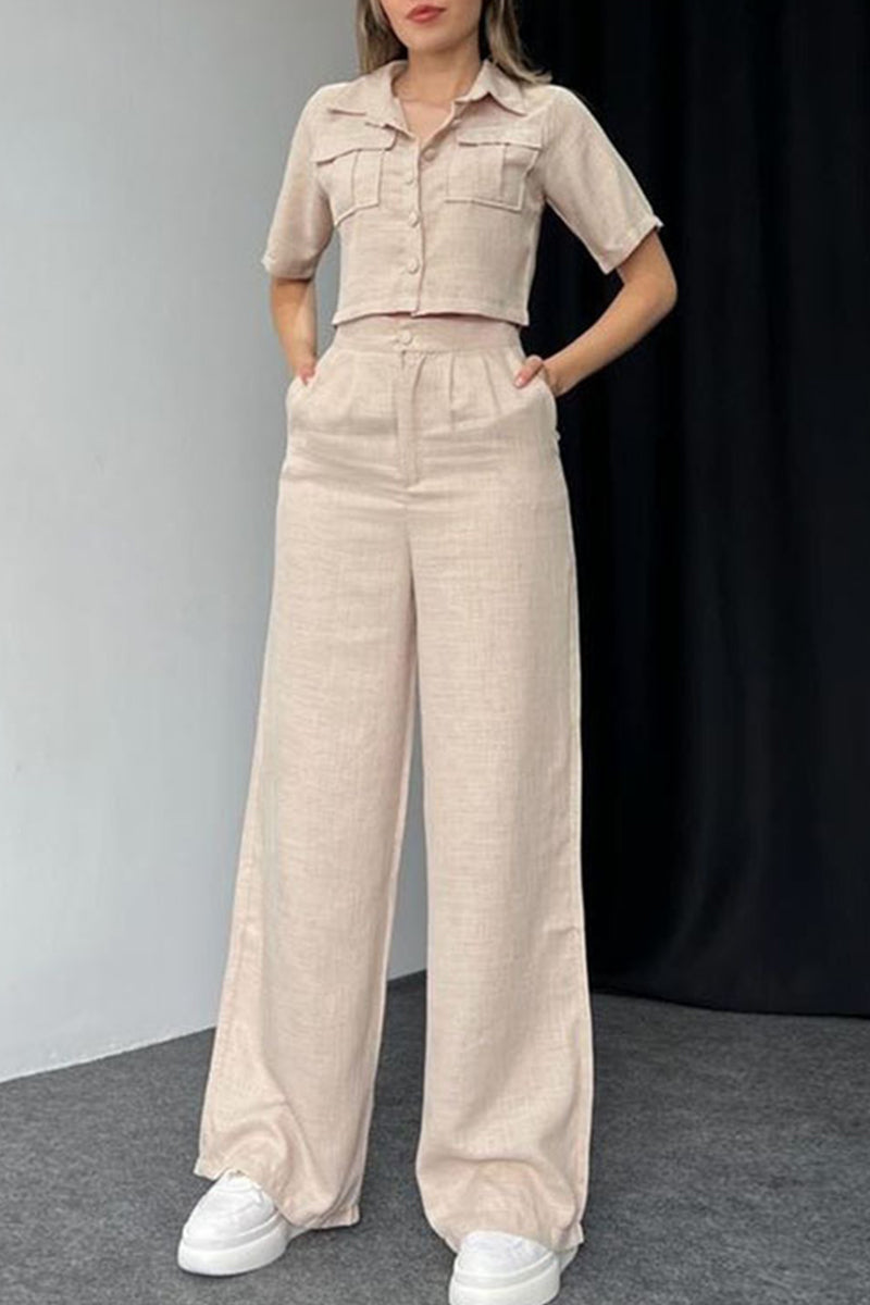 Buttons Turndown Collar Short Sleeve Two Pieces