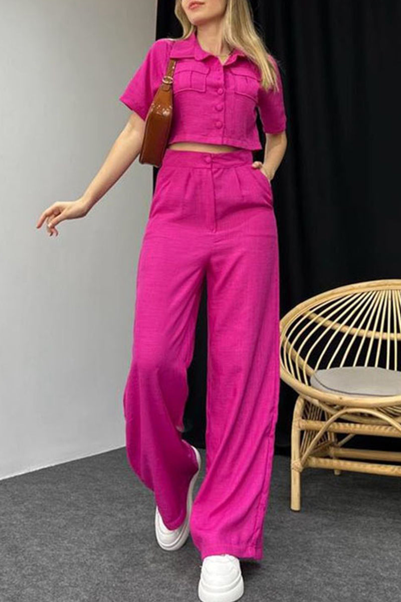 Buttons Turndown Collar Short Sleeve Two Pieces