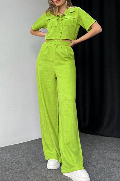 Buttons Turndown Collar Short Sleeve Two Pieces