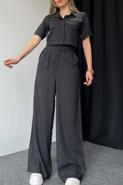 Buttons Turndown Collar Short Sleeve Two Pieces
