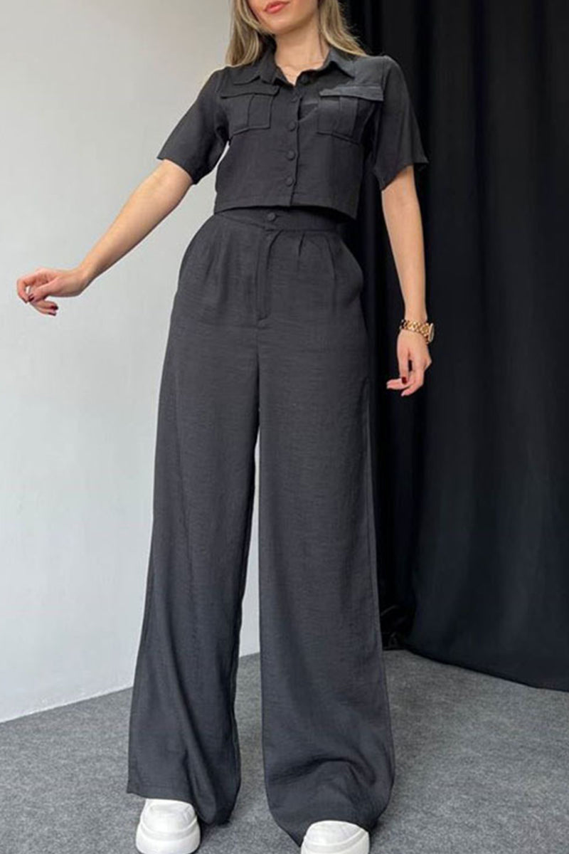 Buttons Turndown Collar Short Sleeve Two Pieces