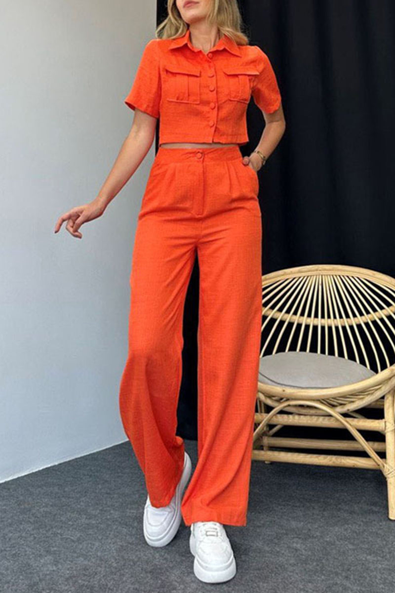 Buttons Turndown Collar Short Sleeve Two Pieces