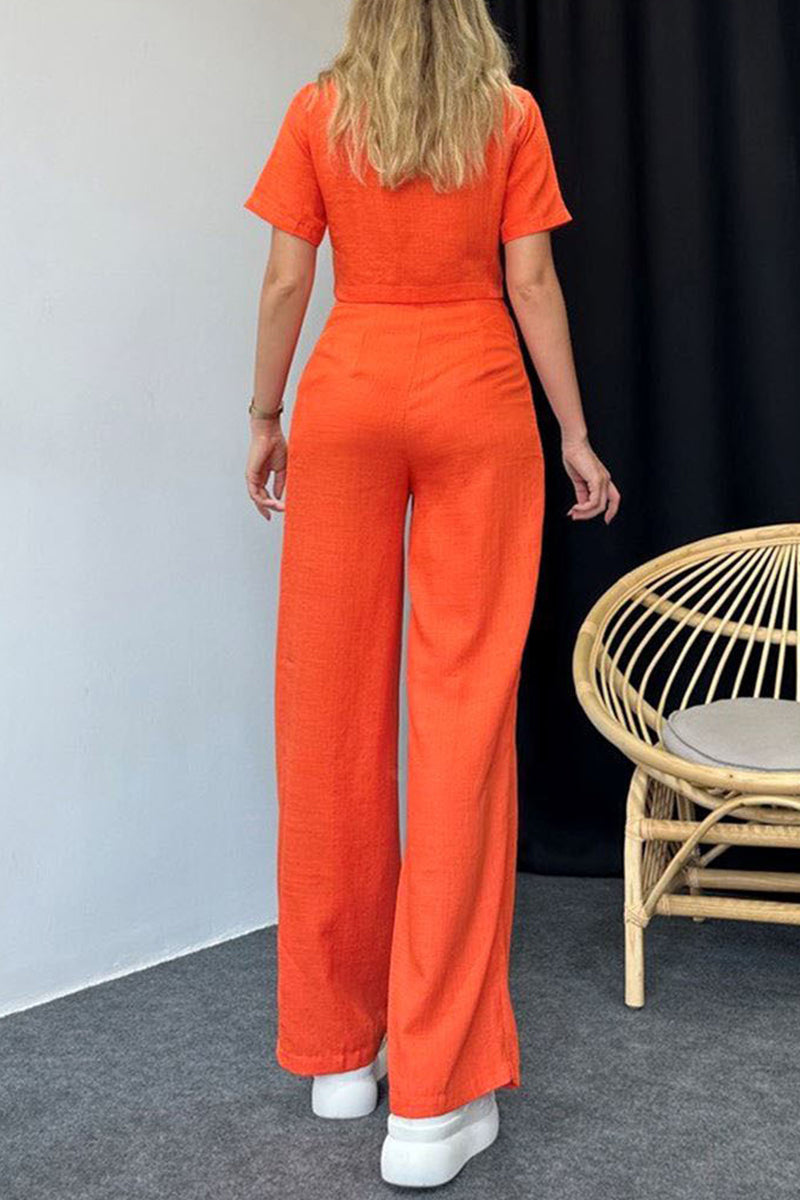 Buttons Turndown Collar Short Sleeve Two Pieces