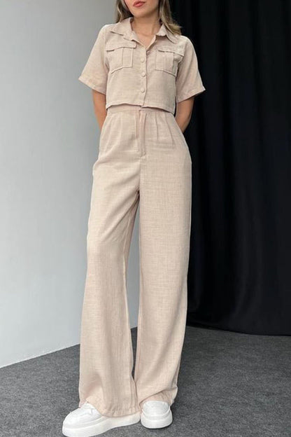 Buttons Turndown Collar Short Sleeve Two Pieces