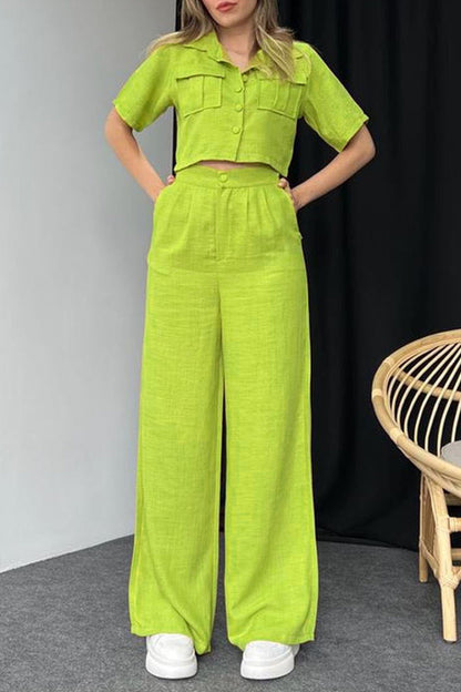 Buttons Turndown Collar Short Sleeve Two Pieces