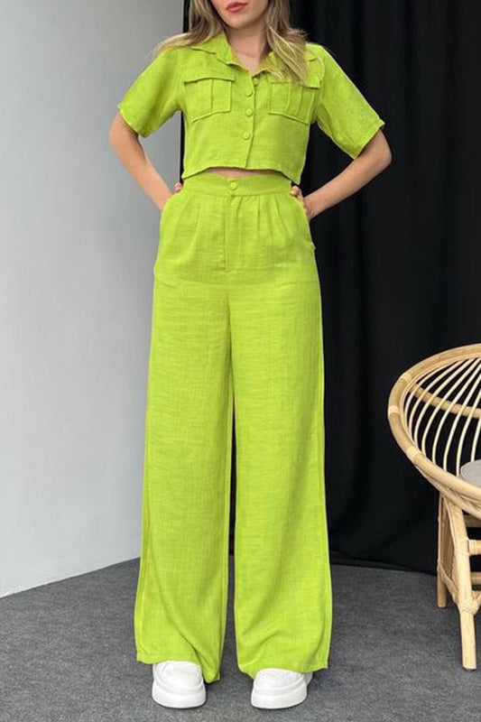 Buttons Turndown Collar Short Sleeve Two Pieces