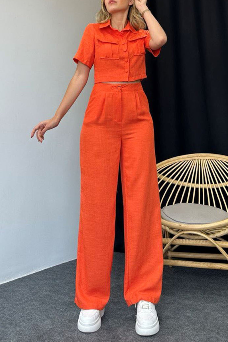 Buttons Turndown Collar Short Sleeve Two Pieces