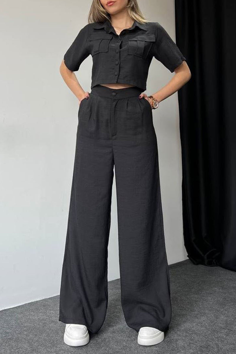 Buttons Turndown Collar Short Sleeve Two Pieces