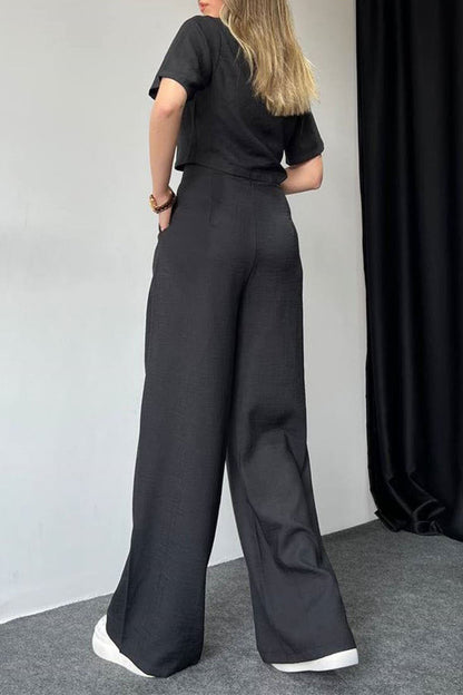 Buttons Turndown Collar Short Sleeve Two Pieces