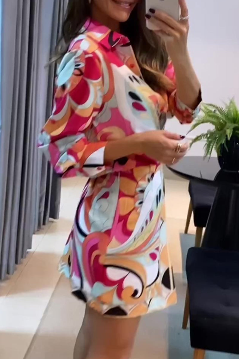 Print Patchwork Shirt Collar Long Sleeve Two Pieces