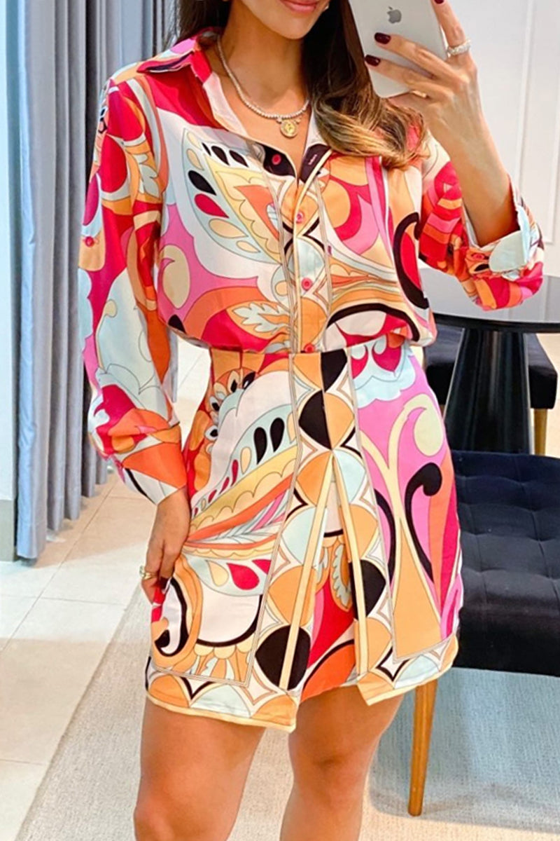 Print Patchwork Shirt Collar Long Sleeve Two Pieces