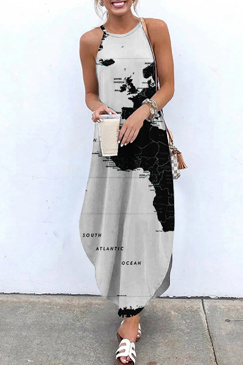 Print Basic O Neck Long Dress Dresses(5 Colors)