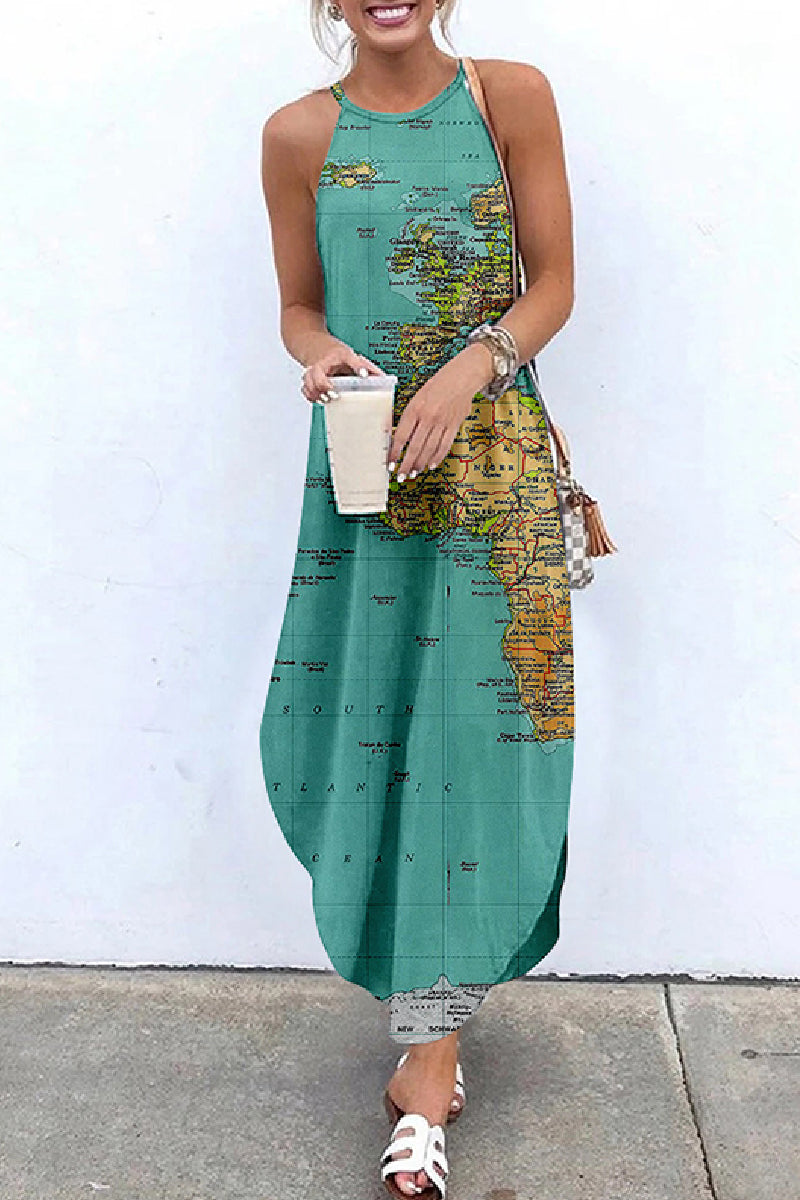 Print Basic O Neck Long Dress Dresses(5 Colors)