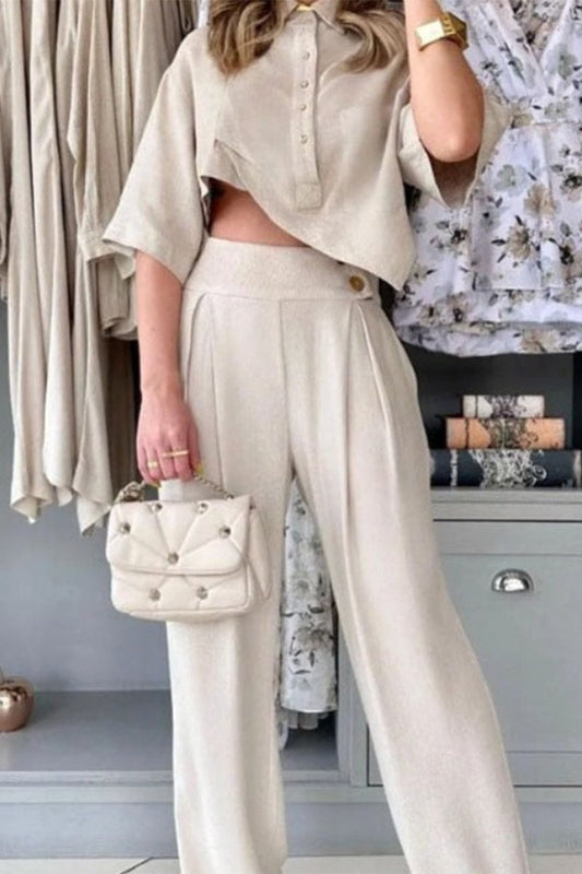 Daily Buttons Asymmetrical Turndown Collar Half Sleeve Two Pieces