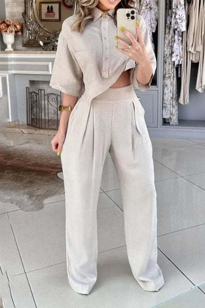 Daily Buttons Asymmetrical Turndown Collar Half Sleeve Two Pieces