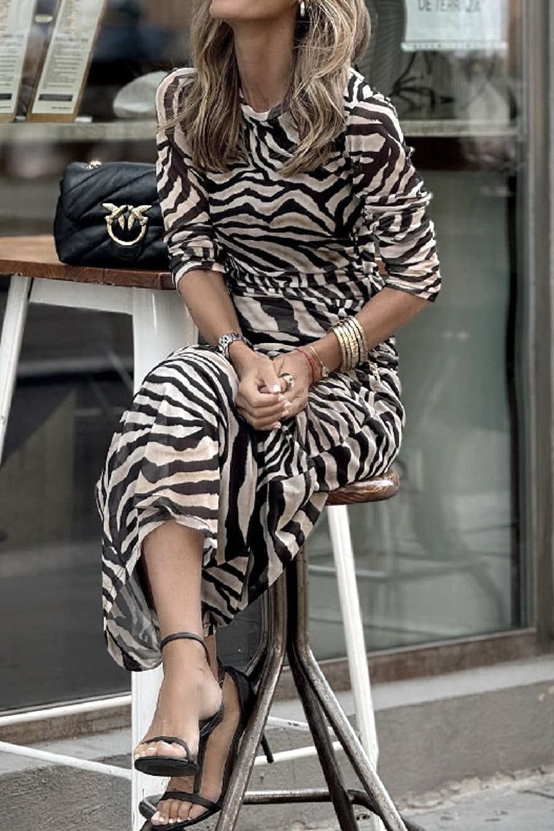 Street Animal Print Print Fold O Neck One Step Skirt Dresses