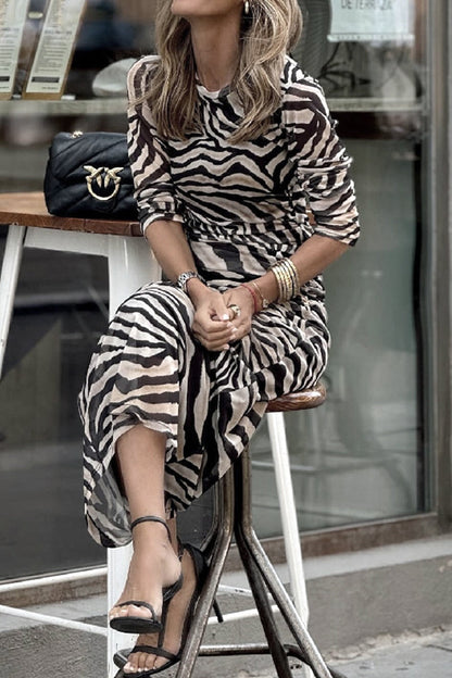 Street Animal Print Print Fold O Neck One Step Skirt Dresses